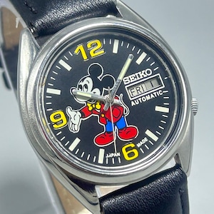 Rare Vintage Seiko Automatic Black Mickey Mouse Dial 17 Jewels Day Date Movement No.7009A Japan Made Men&#39;s Wrist Watch