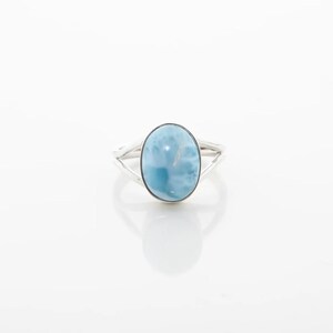 925 Sterling Silver Larimar Ring, Oval Light Blue Natural Stone, Split Band Design, Handmade Silver Jewelry, Gift for Her, Boho Ring