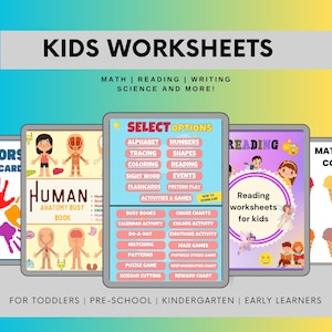 May include: Digital worksheets for kids, featuring math, reading, and writing activities. The image displays several tablets with colorful educational content, including alphabet, numbers, and reading exercises. Suitable for toddlers, pre-school, and early learners.