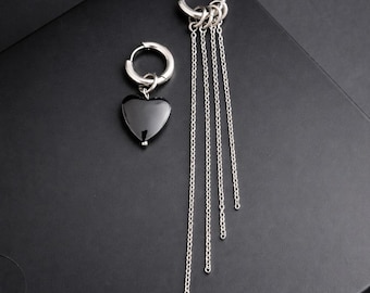 Asymmetrische Ketten Ohrringe, Hämatit Herz Ohrring, Goth Ohrringe, Edelstahl Creolen, Minimalist Grunge Schmuck