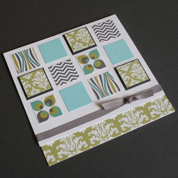 Modern greeting card for any occasion handmade, aqua, grey, and green colors