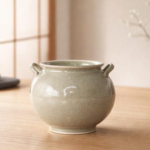 Light Green Matte Ceramic Crock – Artisan Twin-Handle Stoneware Jar