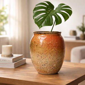 May include: A speckled ceramic vase with a gradient of colors, from orange to tan, holds a large green Monstera leaf. The vase sits on a wooden table, with a candle and books in the background. The vase has a wide opening and a dark brown rim.