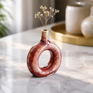 Modern Ceramic Donut Vase – Handmade Circular Bud Vase with Mottled Glaze