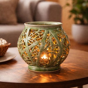 Bamboo Pattern Decorative Vase– Modern Sage Green Ceramic Vessel