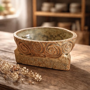 Hand-Carved Stoneware Scroll Planter – Primitive Spiral Relief Succulent Pot