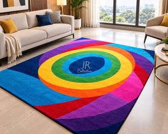 Hand Tufted Wool Rug, Colorful Abstract Area Rug, Modern Geometric Rainbow Rug, Handmade Living Room Carpet, Custom Size