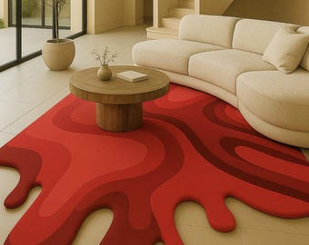 Hand Tufted Red Abstract Rug, Modern Wave Area Rug, Handmade Designer Carpet