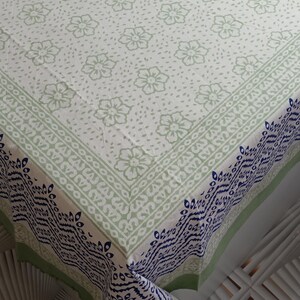 Hand Block Print Cotton Tablecloth, Floral Green & Blue Rectangle Table Cover, Indian Handmade Dining Table Linen Decor, Decorative Cushion