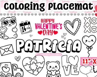 Valentine’s Day Personalized Coloring Placemat | 11” x 17” Printed | Custom name | Screen-free table activity | Classroom | Party & kids