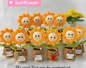 Handmade Crochet Sunflower Pot | Custom Message Card | Emotional Support Plant | Forever Flower Gift for Mum Nana | Smiley Sunflower Decor