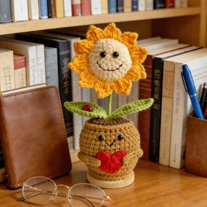 Handmade Crochet Emotional Support Plant Buddy | Sunflower/Forget-me-not Pot Pal | Unique Desk Decor | Cheer Up Gift with Encouragement Card