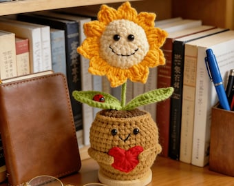 Handmade Crochet Emotional Support Plant Buddy | Sunflower/Forget-me-not Pot Pal | Unique Desk Decor | Cheer Up Gift with Encouragement Card