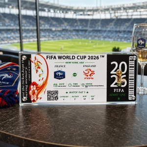 May include: A rectangular acrylic display featuring a commemorative FIFA World Cup 2026 ticket for a match between France and England in New York, USA. The ticket includes a QR code, match details, a soccer player graphic, and a gold trophy icon.