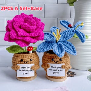 Plan de 3 flores de rosas, lirios y Cattleya tejidas a crochet a mano: "Gracias por ayudarme a crecer", plantas de apoyo emocional, tarjetas personalizables, decoración de escritorio