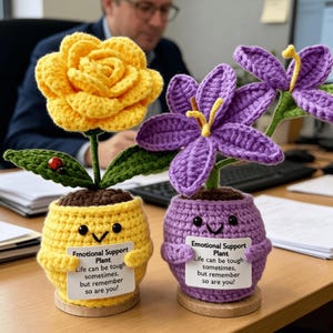 May include: Two crocheted "Emotional Support Plants" with smiling faces. One is yellow with a large rose, the other purple with crocus-like flowers. Each pot has a message: "Life can be tough sometimes, but remember so are you!"