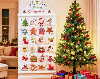Calendario de Adviento acogedor hecho a mano • Colgador de pared de tela con 24 bolsillos • Almacenamiento reutilizable para regalos de Navidad en familia