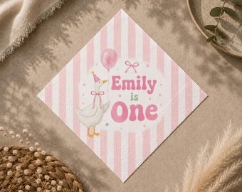 One Silly Goose First Birthday Napkins, Custom Goose 1St Birthday Napkins, Stripe Goose Theme