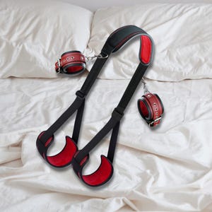 Adjustable Bed Restraint Strap Set with Soft Handcuffs – Neck to Thigh Positioning Support Bands for Couples (Deep Red)