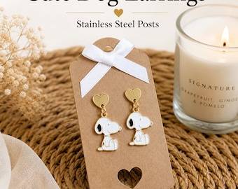 Snoopy Dog Heart Stud Earrings, Enamel Cartoon Stainless Steel Jewellery