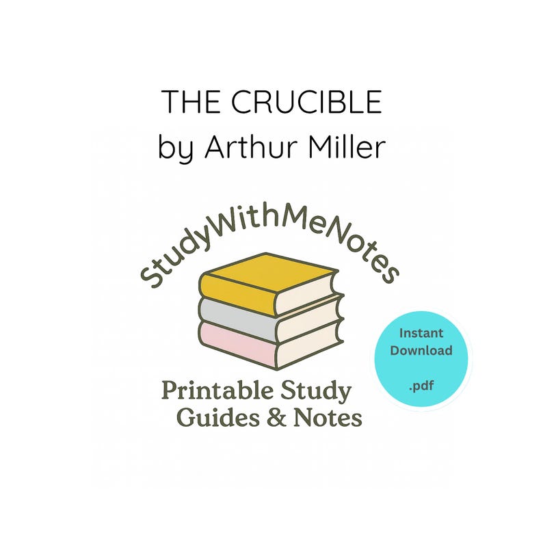 Puede incluir: Gr&aacute;fico blanco con el t&iacute;tulo "THE CRUCIBLE" de Arthur Miller. La imagen incluye una pila de tres libros en amarillo, gris y rosa, con el texto "StudyWithMeNotes" y "Printable Study Guides & Notes". Un c&iacute;rculo azul dice "Descarga instant&aacute;nea .pdf".