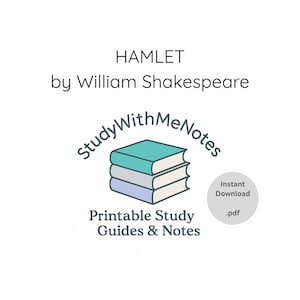 Puede incluir: Un fondo blanco con el título "HAMLET" de William Shakespeare. La imagen incluye un logotipo con tres libros apilados y el texto "Study With MeNotes" y "Printable Study Guides & Notes". Un pequeño círculo dice "Descarga instantánea .pdf".