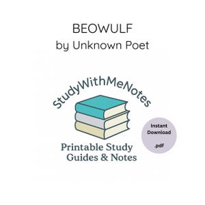 Może przedstawiać: Grafika do pobrania cyfrowego dla "Beowulf" autorstwa Unknown Poet. Obraz przedstawia stos książek w kolorze turkusowym, szarym i beżowym, z tekstem "StudyWithMeNotes" i "Printable Study Guides & Notes". Fioletowe koło mówi "Instant Download .pdf".