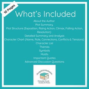 Puede incluir: Un gr&aacute;fico turquesa y blanco con el texto &laquo;&nbsp;What's Included&nbsp;&raquo; y una lista de los contenidos de una gu&iacute;a de estudio. La lista incluye resumen de la trama, an&aacute;lisis de personajes, temas y preguntas de discusi&oacute;n. La imagen tambi&eacute;n muestra &laquo;&nbsp;10 p&aacute;ginas&nbsp;&raquo; y el logotipo de &laquo;&nbsp;Study With MeNotes&nbsp;&raquo;.