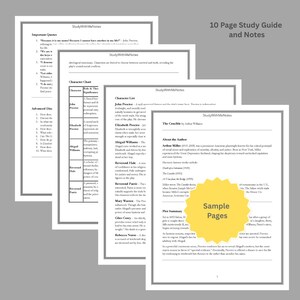 Puede incluir: Un conjunto de gu&iacute;as de estudio y notas impresas, con texto y gr&aacute;ficos. Las p&aacute;ginas incluyen citas, listas de personajes y res&uacute;menes de la trama. Una estrella amarilla dice "P&aacute;ginas de muestra".