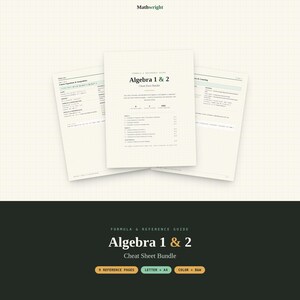 Algebra 1 & 2 Formula Cheat Sheet Bundle | High School Math Reference Guide | Printable Study Aid | Instant Download PDF