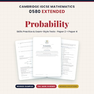 Puede incluir: Una guía de estudio titulada Cambridge IGCSE Mathematics 0580 Extended Probability con ejercicios y pruebas tipo examen para Paper 2 y Paper 4. El documento incluye ejemplos resueltos, esquemas de calificación y soluciones detalladas.