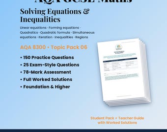 Könnte beinhalten: Ein Stapel AQA GCSE Mathe-Lernmaterialien mit dem Titel Solving Equations & Inequalities, Topic Pack 06. Enthält 150 Übungsaufgaben, 25 prüfungsrelevante Fragen, eine 78-Punkte-Bewertung und vollständige Lösungen für Grund- und Oberstufe.