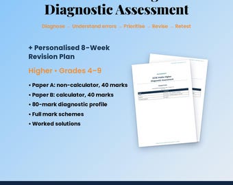 Könnte beinhalten: Ein GCSE Maths Higher Diagnostic Assessment Dokument mit einem personalisierten 8-wöchigen Lernplan für die Noten 4-9. Es enthält Paper A ohne Taschenrechner und Paper B mit Taschenrechner, je 40 Punkte, ein Diagnoseprofil, Schemata und Lösungen.
