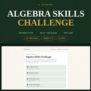 Digitalt algebra-färdighetsspel, interaktiv förberedande algebra-recension för mellanstadiet, offline HTML-aktivitet