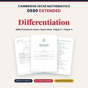 Puede incluir: Una guía de estudio titulada Cambridge IGCSE Mathematics 0580 Extended Differentiation con ejercicios y pruebas tipo examen para Paper 2 y Paper 4. La portada muestra tres páginas abiertas con contenido matemático y ejemplos resueltos.