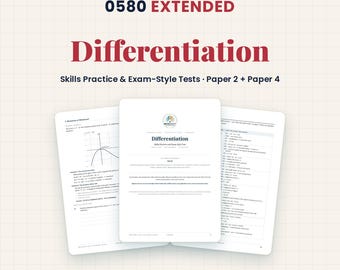 Könnte beinhalten: Ein Studienführer mit dem Titel Cambridge IGCSE Mathematics 0580 Extended Differentiation mit Übungen und prüfungsähnlichen Tests für Paper 2 und Paper 4. Das Cover zeigt drei aufgeschlagene Seiten mit mathematischen Inhalten und Beispielen.