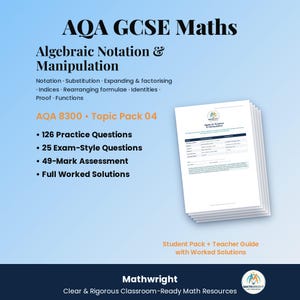 Può includere: Una pila di materiali di studio di matematica AQA GCSE intitolata Algebraic Notation & Manipulation, Topic Pack 04. Include 126 domande di pratica, 25 domande in stile esame, una valutazione da 49 punti e soluzioni complete.