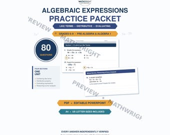 Könnte beinhalten: Ein pädagogisches Übungspaket für Pre-Algebra und Algebra 1 mit dem Titel Algebraic Expressions Practice Packet. Es enthält 80 Aufgaben in vier Abschnitten, darunter das Zusammenfassen von Termen, Distributivgesetz und Auswerten.