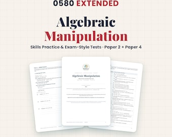 Könnte beinhalten: Ein Studienführer mit dem Titel Cambridge IGCSE Mathematics 0580 Extended Algebraic Manipulation Skills Practice & Exam-Style Tests Paper 2 + Paper 4. Das Cover zeigt drei überlappende Seiten mit mathematischen Aufgaben auf einem karierten Hintergrund sowie Schaltflächen für ausgearbeitete Beispiele, vollständige Bewertungsschemata und ausgearbeitete Lösungen.