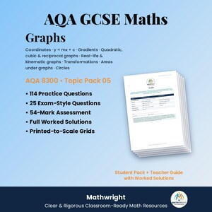 Può includere: Una serie di materiali di studio AQA GCSE Maths Graphs con 114 esercizi, 25 domande d'esame, una valutazione da 54 punti, soluzioni complete e griglie in scala. Il documento tratta argomenti come coordinate, gradienti e vari tipi di grafici.