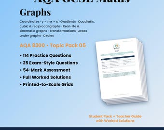 Könnte beinhalten: Ein Stapel AQA GCSE Maths Graphs Lernmaterialien mit 114 Übungsaufgaben, 25 prüfungsähnlichen Fragen, einer 54-Punkte-Bewertung, vollständigen Lösungen und maßstabsgetreuen Gittern. Das Dokument behandelt Koordinaten, Gradienten und Graphen.