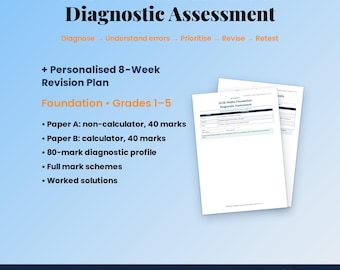 Könnte beinhalten: Ein GCSE Mathe-Grundlagen-Diagnosetest-Dokumentenset mit einem personalisierten 8-wöchigen Lernplan für die Klassen 1-5. Enthält eine Prüfung ohne Taschenrechner, eine mit Taschenrechner, ein 80-Punkte-Diagnoseprofil, Bewertungsschemata und Lösungen.