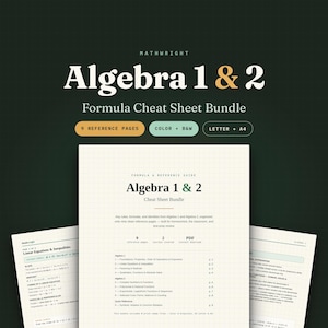 Algebra 1 & 2 Formula Cheat Sheet Bundle | High School Math Reference Guide (PDF)