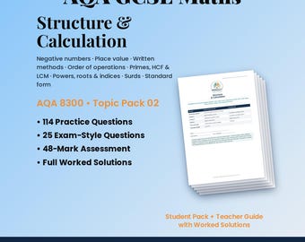 Könnte beinhalten: Ein Stapel AQA GCSE Mathe-Lernmaterialien mit dem Titel Structure & Calculation, Topic Pack 02. Enthält 114 Übungsaufgaben, 25 prüfungsrelevante Fragen, eine 48-Punkte-Bewertung und vollständige Lösungen. Mit dem Mathwright-Markenlogo.