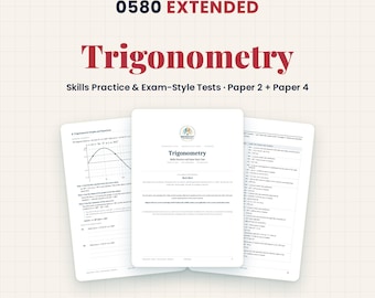 Könnte beinhalten: Ein Studienführer mit dem Titel Cambridge IGCSE Mathematics 0580 Extended Trigonometry Skills Practice & Exam-Style Tests Paper 2 + Paper 4. Das Dokument zeigt drei Seiten mit mathematischen Aufgaben, Diagrammen und Gleichungen in Blau und Rot.