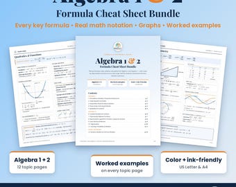 Könnte beinhalten: Ein Algebra 1 & 2 Formelsammlung-Paket bestehend aus drei bedruckten Seiten mit mathematischen Formeln, Diagrammen und ausgearbeiteten Beispielen. Die mittlere Seite zeigt ein Inhaltsverzeichnis, während die Seitenblätter quadratische Funktionen und trigonometrische Konzepte in schwarzem und blauem Text auf weißem Papier darstellen.
