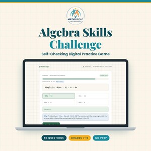 Puede incluir: Una pantalla de ordenador portátil muestra el Algebra Skills Challenge, un juego de práctica digital de autoevaluación. La pantalla muestra un problema matemático para simplificar -9(4x - 2) - 4 - 8x, con opciones múltiples y la respuesta correcta en verde.