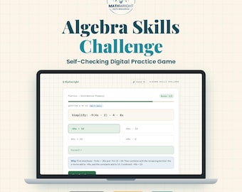 Könnte beinhalten: Ein Laptop-Bildschirm zeigt die Algebra Skills Challenge, ein selbstprüfendes digitales Übungsspiel. Der Bildschirm zeigt eine Matheaufgabe zur Vereinfachung von -9(4x - 2) - 4 - 8x mit mehreren Auswahlmöglichkeiten und einer grün hervorgehobenen richtigen Antwort.