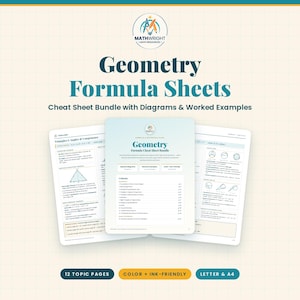 May include: A bundle of Geometry Formula Sheets featuring diagrams and worked examples. The cover page displays the Mathwright logo, the title Geometry Formula Cheat Sheet Bundle, and a table of contents. Two additional pages show geometric triangles.