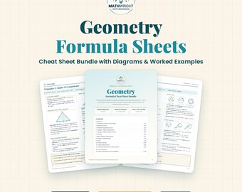 Könnte beinhalten: Ein Bündel von Geometrie-Formelblättern mit Diagrammen und ausgearbeiteten Beispielen. Das Deckblatt zeigt das Mathwright-Logo, den Titel Geometry Formula Cheat Sheet Bundle und ein Inhaltsverzeichnis. Zwei weitere Seiten zeigen geometrische Dreiecke.